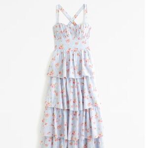 Lace Up Back Tiered Maxi Dress Abercrombie Large Petite Wedding Guest Floral